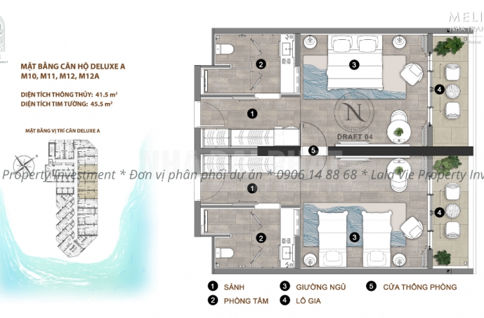 Layout căn hộ Melia Nha Trang - Deluxe A (Mã căn: M10, M11, M12, M12A)