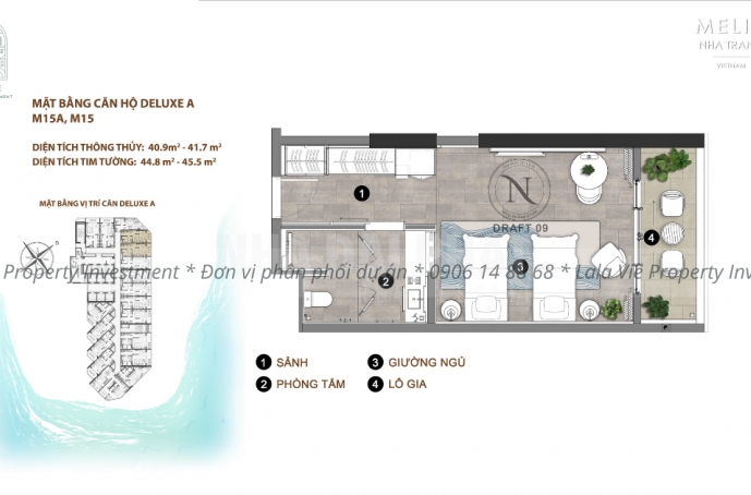 Layout căn hộ Melia Nha Trang - Deluxe A (Mã căn: M15, M15A)