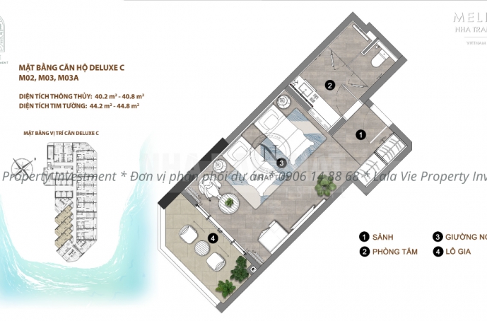Layout căn hộ Melia Nha Trang - Deluxe C (Mã căn: M02, M03, M03A)